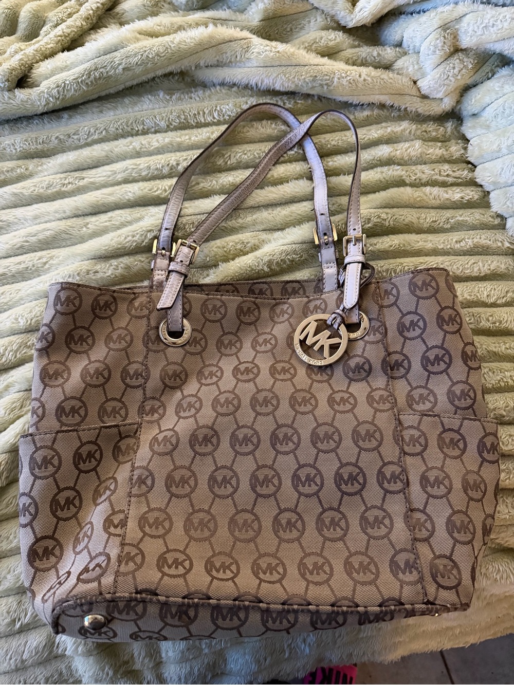 Michael Kors Beige/Tan Logo Tote with Gold MK Charm